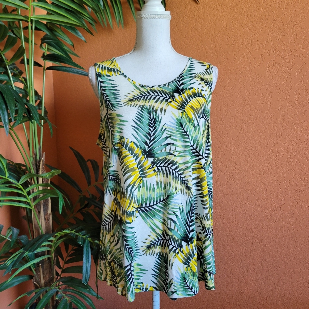 NWOT Cable and Gauge Linen Viscose Tropical Palm Tank Top Cut Out Back XL